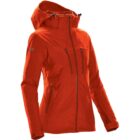 Red hooded jacket with multiple zippered pockets, designed for outdoor use.