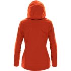 Rear view of an orange hooded jacket, showcasing its sleek design and long sleeves.