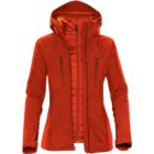 Red hooded jacket with front zippers and logo on the sleeve.