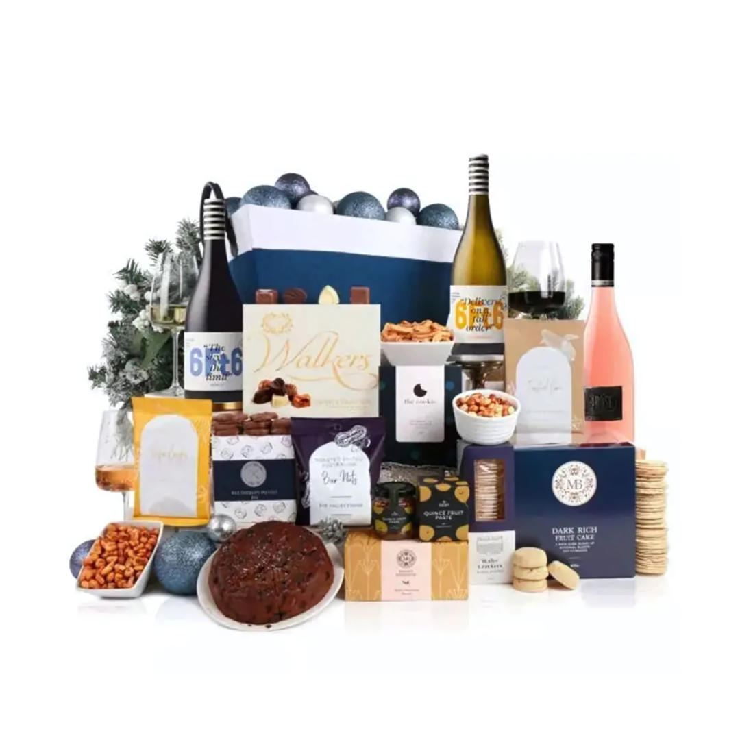 Xeleb Jolly Share Gift Sets with wine, snacks, and ornaments.