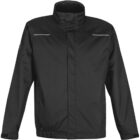 Black jacket with high collar and front button closure.