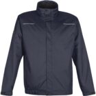 Navy blue jacket with high collar and front buttons, featuring reflective accents.