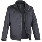 Black jacket with zipper and snap buttons, featuring a high collar.