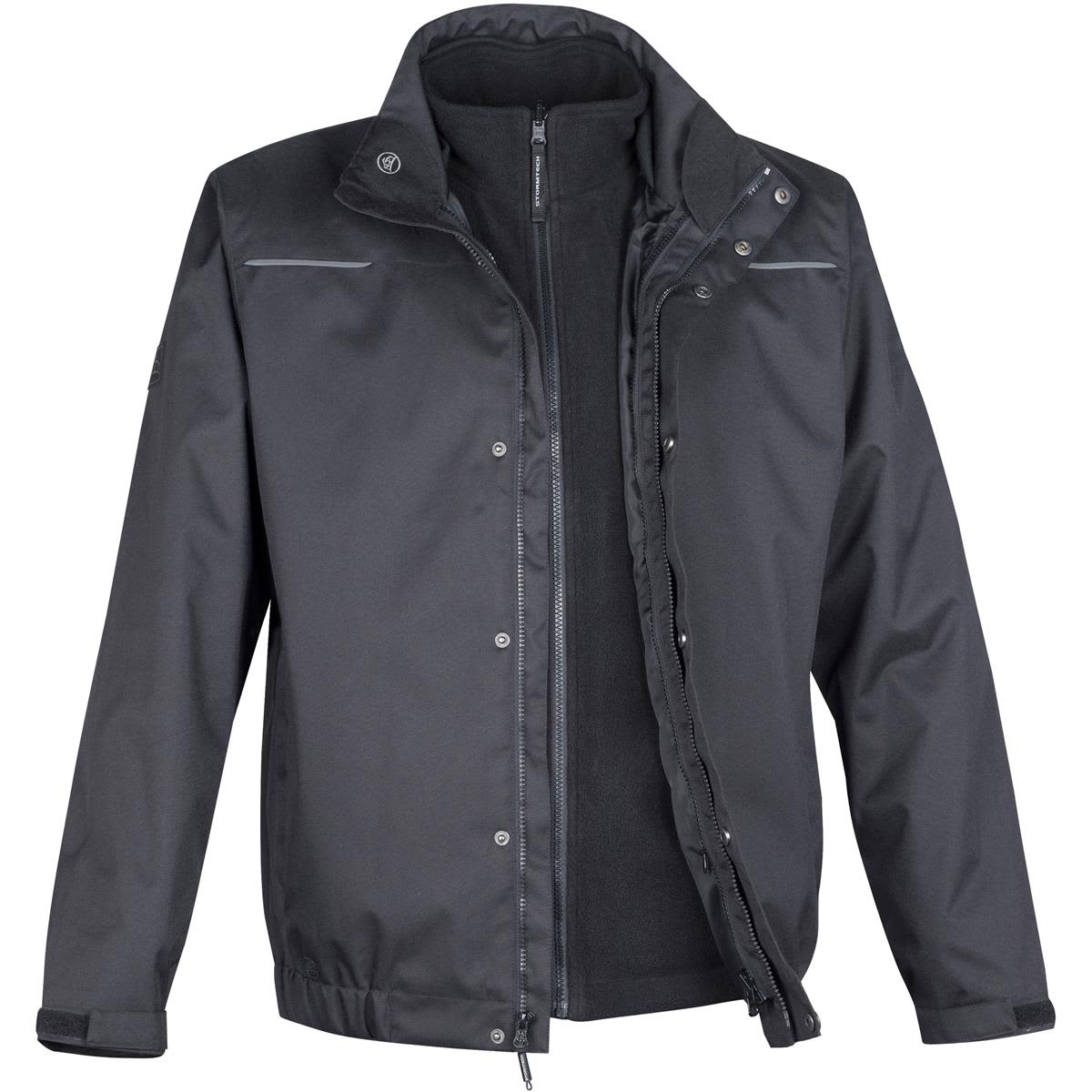 Black jacket with zipper and snap buttons, featuring a high collar.