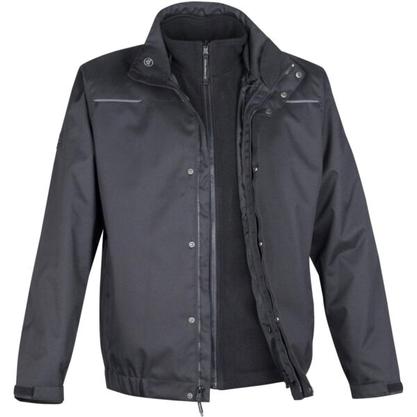 Black waterproof jacket with a zip and snap button closure, high collar, and adjustable cuffs.