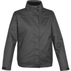 Black waterproof jacket with a high collar and front buttons.
