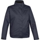 Dark navy jacket with a high collar and button closure, featuring subtle detailing.