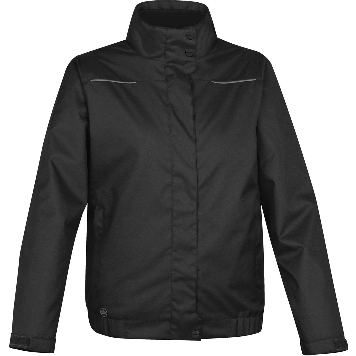 Black jacket with a high collar and button closure.