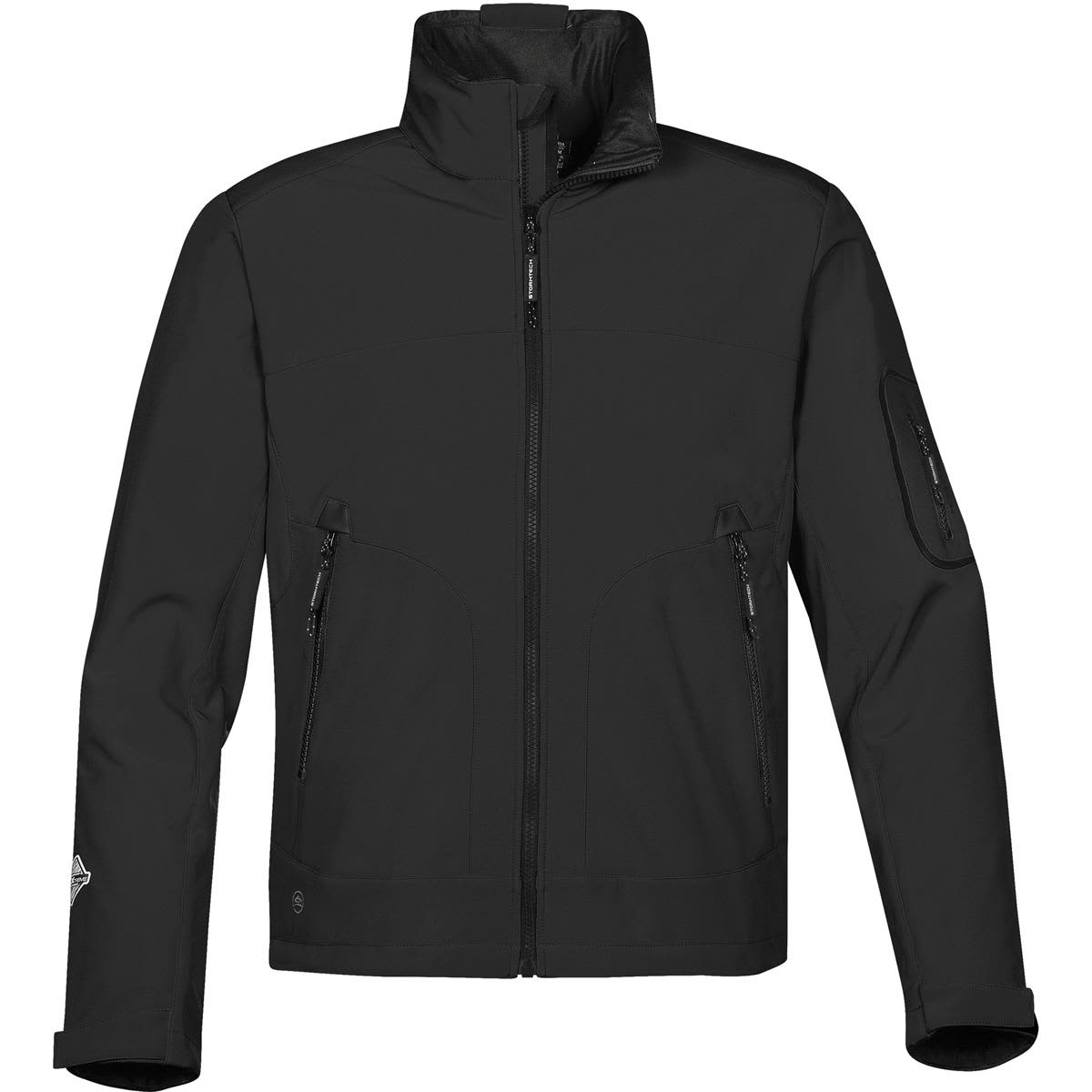 Black jacket with a high collar and zippered pockets on a white background.