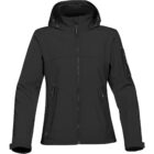 Black waterproof jacket with a hood and zippered pockets.