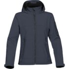 Dark gray hooded jacket with front zipper and zippered pockets on sleeves and sides.