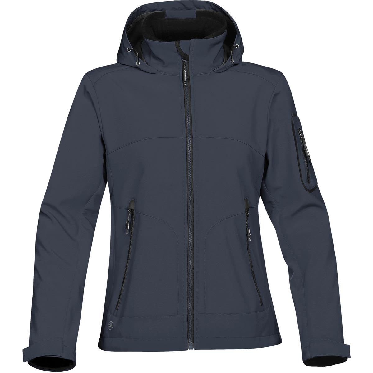 Dark gray hooded jacket with front zipper and zippered pockets on sleeves and sides.