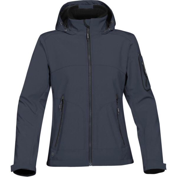 Dark gray hooded jacket with front zipper and zippered pockets.