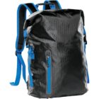 Black backpack with blue straps and a front zipper pocket.