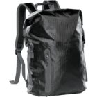 Black waterproof backpack with a zipper pocket and padded shoulder straps.