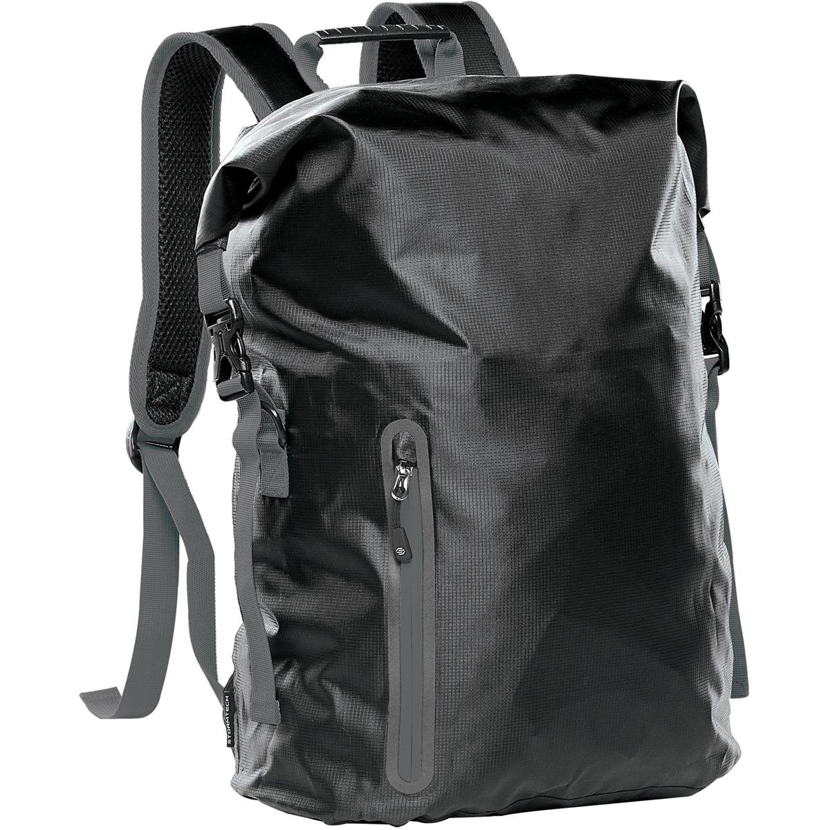 Black waterproof backpack with roll-top and zipper pocket.