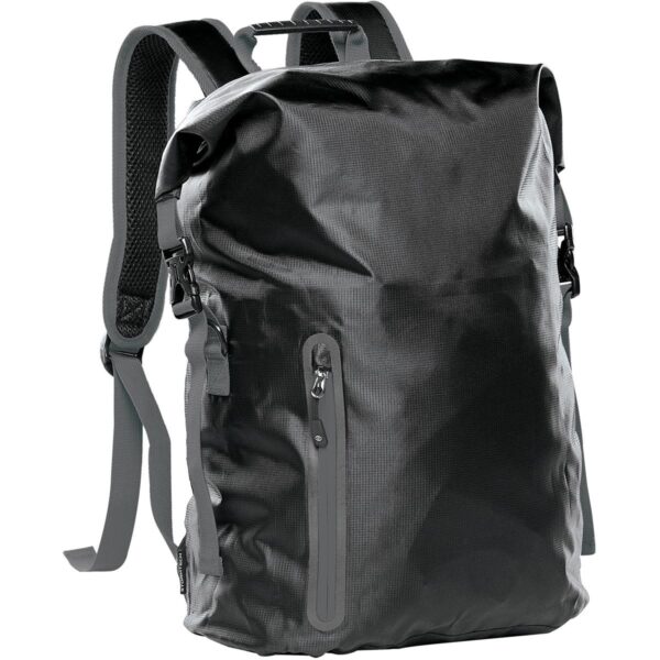 Black waterproof backpack with a roll-top and front zipper pocket.
