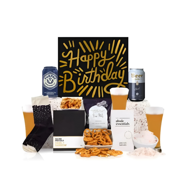 YarnCraft Gift Set: craft beers, snacks, card, and cozy socks.