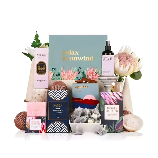 Zenin Wellness Gift Set with flowers, chocolates, skincare & relax & unwind sign.