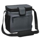 Gray and black insulated cooler bag with a front pocket and adjustable shoulder strap.