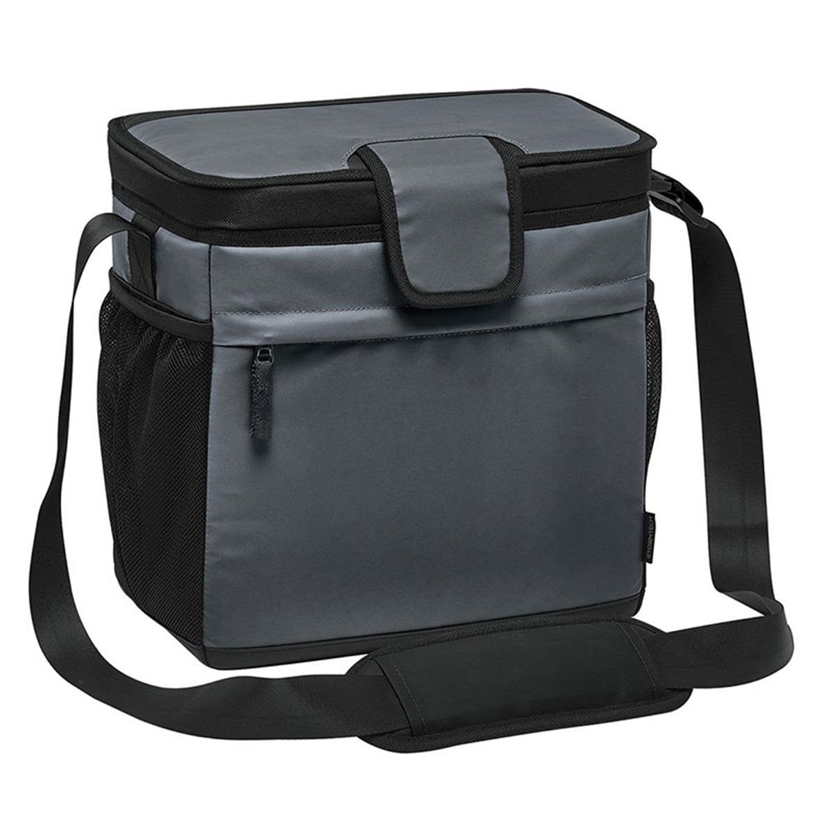 Gray and black insulated cooler bag with a front pocket and adjustable shoulder strap.