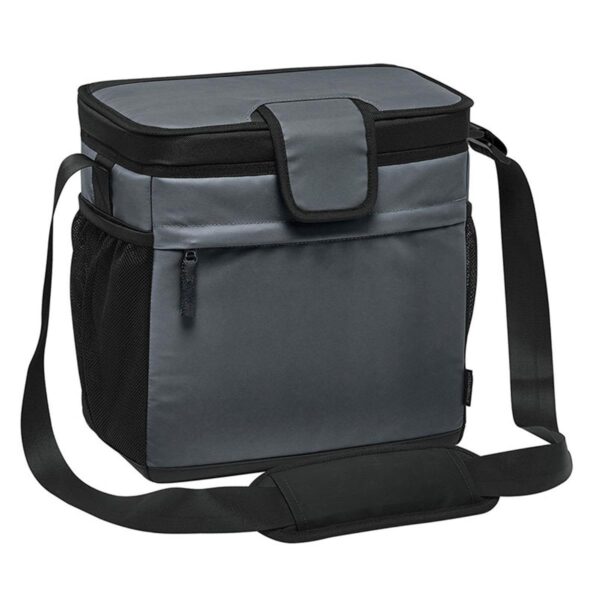 Gray and black insulated cooler bag with a shoulder strap.