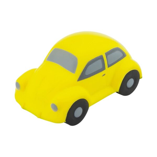 A yellow toy car resembling a classic Volkswagen Beetle, with black wheels and grey windows, viewed from a slightly elevated angle.