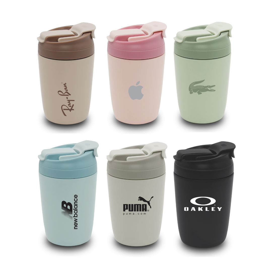 Six colorful Lely 350mL Double-Wall Cups adorned with brand logos.