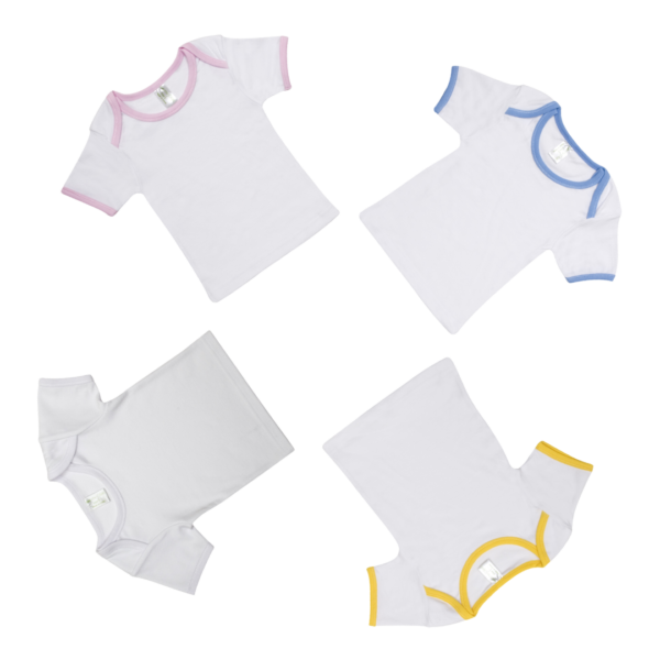 Four Baby Short Sleeve Tees Rompers in organic cotton with colorful trims on white background.