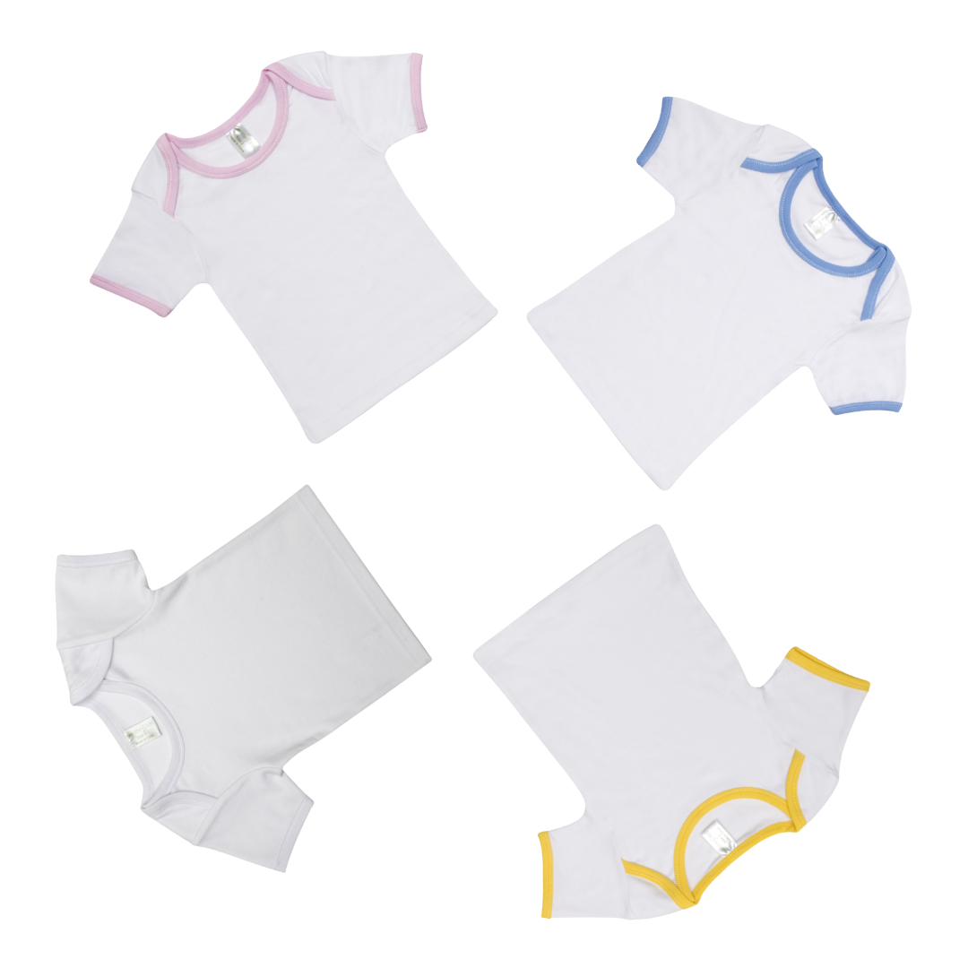 Four Baby Short Sleeve Tees Rompers in organic cotton with colorful trims on white background.