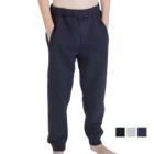 Person in navy Junior Brushed Fleece Track Pants, hands in pockets, color options at bottom right.