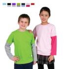 Two kids smiling in Kids Double Sleeve Shirts, green and pink. Color swatches above.
