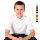 A child smiles in a Poly Cotton Kids Polo with color swatches nearby.