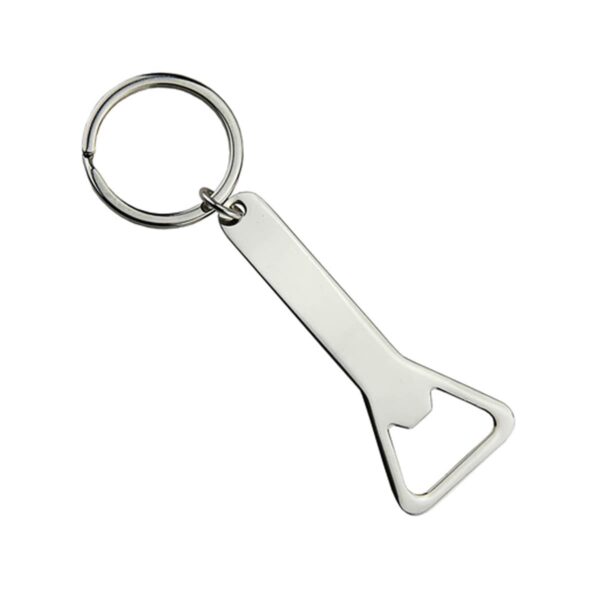Silver metal bottle opener keychain on a white background.