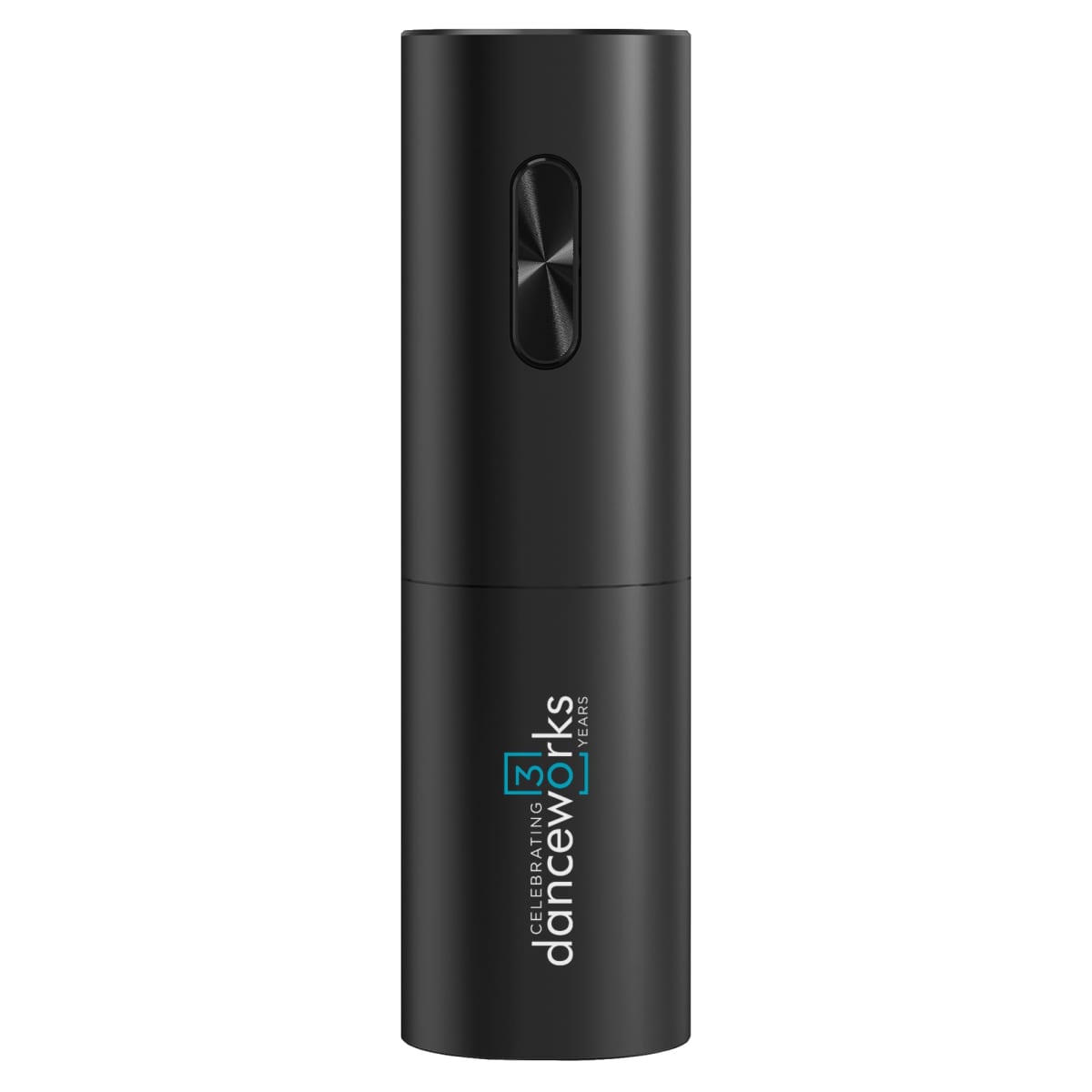 Sleek black spray bottle with danceworks logo and a vertical button on the front.
