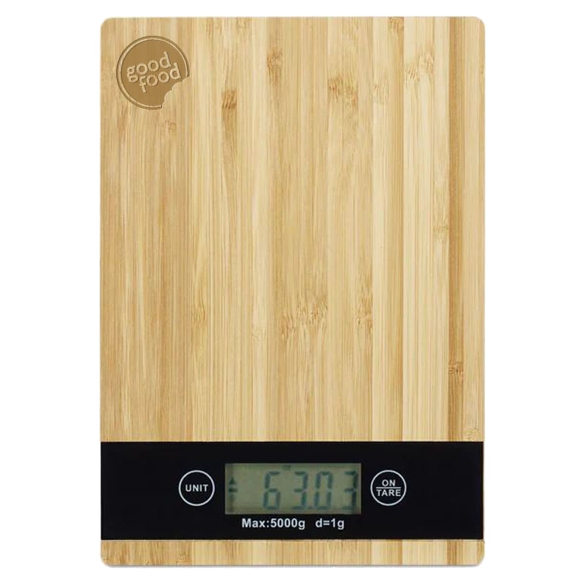 Digital kitchen scale with a bamboo surface displaying 630.3 grams on its screen.