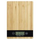 Digital kitchen scale with a bamboo surface, displaying weight on a small screen.