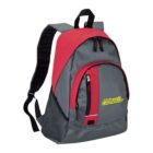 A gray and red backpack with black straps and handle. It has a front zipper pocket and side mesh pockets. A yellow logo is printed on the front.
