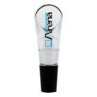 A transparent plastic cup with a black base, featuring the text Nationwide Arena printed vertically on the side.