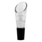A transparent wine aerator with a black rubber stopper. The design features a slanted top for pouring wine easily.