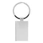 A shiny silver keychain featuring a rectangular flat tag. The design is simple and modern, with a circular keyring at the top. The surface of the tag is smooth and reflective.