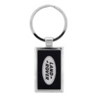 Rectangular keychain with a black background and the Land Rover logo in the center, featuring Land Rover in white on a gray oval.