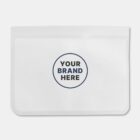 A blank white ziplock bag with a circular logo area in the center displaying the text YOUR BRAND HERE in navy blue capital letters. The bag is set against a plain white background.
