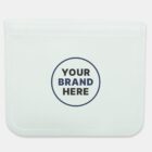 A white zippered pouch with a circular logo that reads YOUR BRAND HERE in blue and black text. The background is plain white.