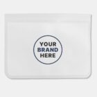 A white resealable pouch with a transparent front. In the center, there is a blue circle containing the text YOUR BRAND HERE in capital letters. The pouch is set against a plain white background.