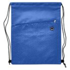 A blue drawstring bag with a zigzag pattern. It features a front zipper pocket and a small round headphone port. Black drawstrings are attached to the bottom corners.