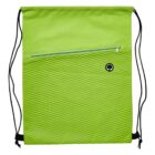 A lime green drawstring backpack with a textured zigzag pattern on the lower half. It has a horizontal zippered pocket near the top and black adjustable strings on both sides. An eyelet is visible near the pocket.