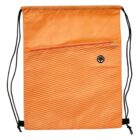 Orange drawstring backpack with a textured pattern on the bottom half. It features a horizontal zippered pocket and a small circular black button-like detail on the right side. Black drawstrings are attached to the sides for carrying.