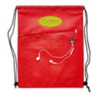 Red drawstring backpack with a front mesh pocket. Features white earphones partially tucked into the pocket. The backpack has a lime green logo printed on the front. Black string straps on both sides.