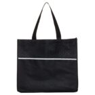 A black tote bag with short handles. The top section has a textured wavy pattern, and there is a thin horizontal reflective strip below it. The bottom part of the bag is smooth fabric.